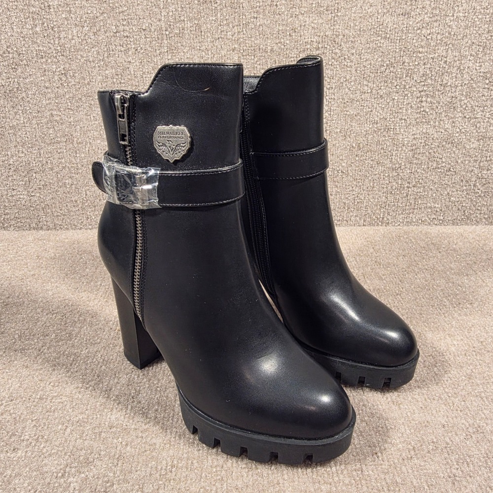 Milwaukee Performance Womens Black Leather Heeled Platform Biker Boots Size 6 - Picture 2 of 7